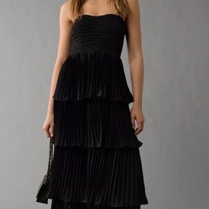AE Tiered Pleated Black Strapless Maxi Dress - Size Large